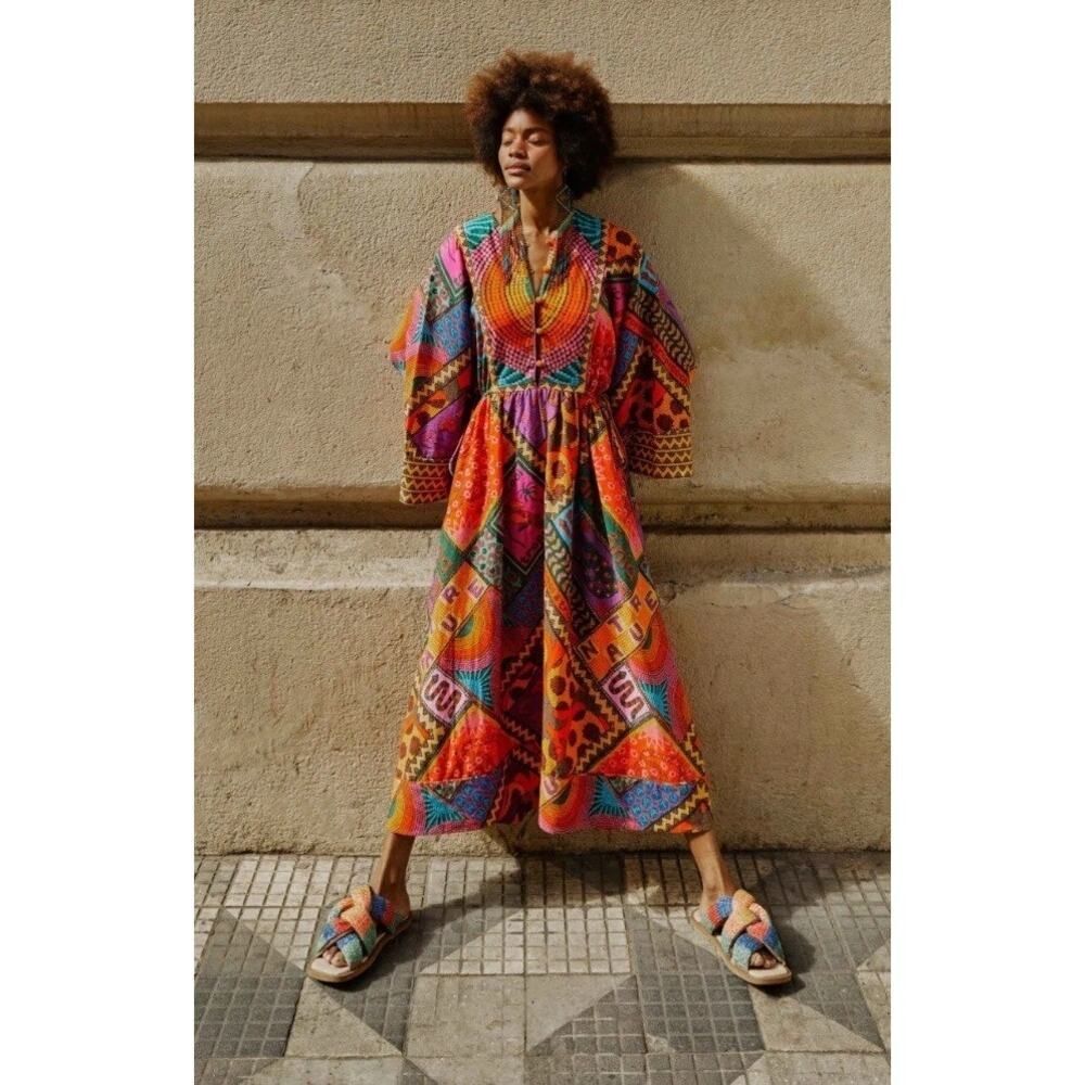 Farm Rio Dotted Patchwork scarf Midi Dress XL